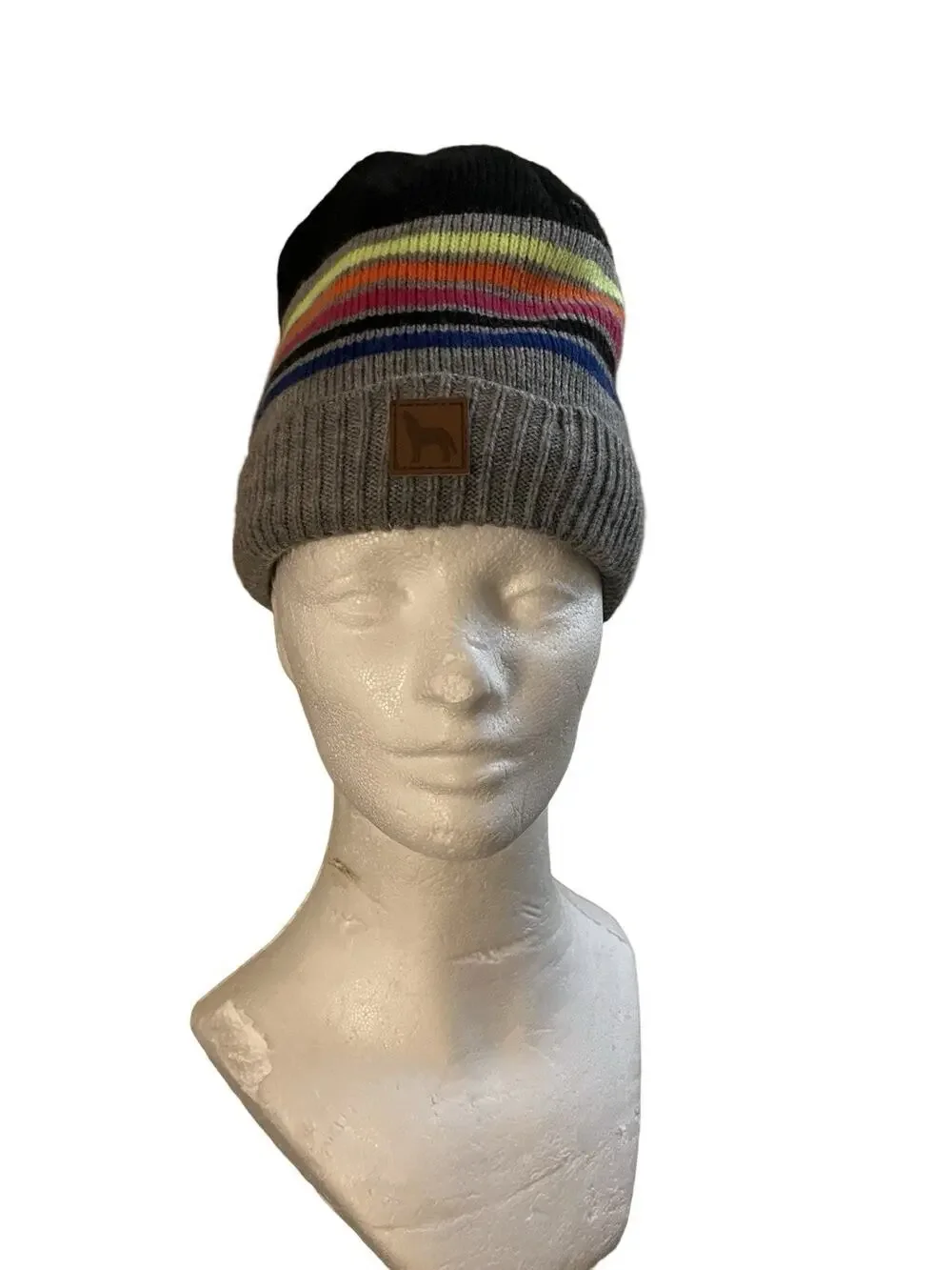 Wonder Nation Knit Beanie Hat Striped Rainbow Cuff Logo Patch Lined Gray Black
